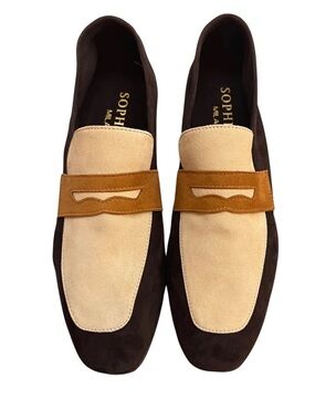 Sophia Milano Two-Tone Suede Loafers in Beige and Dark Brown